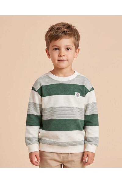 REDTAG Boys Sage Green Jacquard Stripe T-Shirt