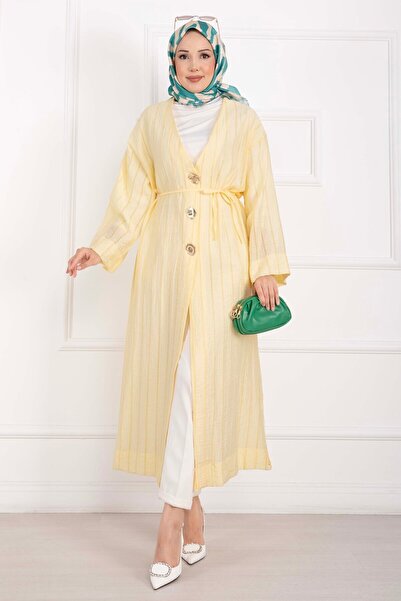 EBRUTESETTÜR Gold Düğmeli Bağcıklı Uzun Kimono Sarı