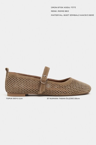 NİŞANTAŞI SHOES Titi Rome Beige Suede Studded Genuine Leather Buckle Detail Flat Sole Women's Ballerinas