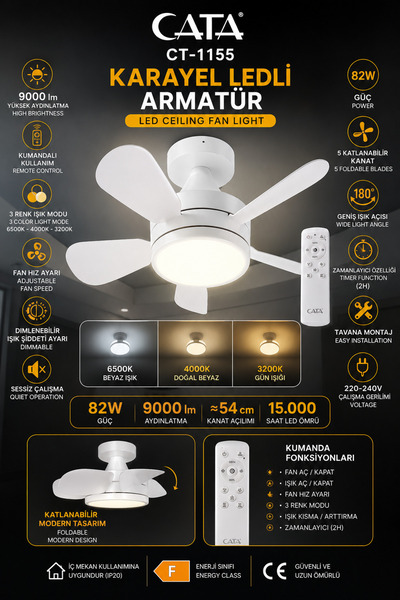 Cata CT-1155 Karayel Kumandalı Katlanabilir LED Tavan Armatürü 82W 9000 lm 3 ...
