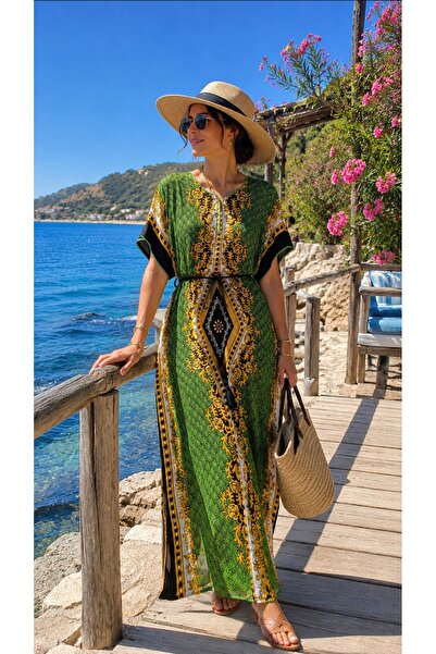 Butik Elbise %100 Bambu Salaş Elbise Kadın Yazlık Kaftan – Orman Yeşili Desen...