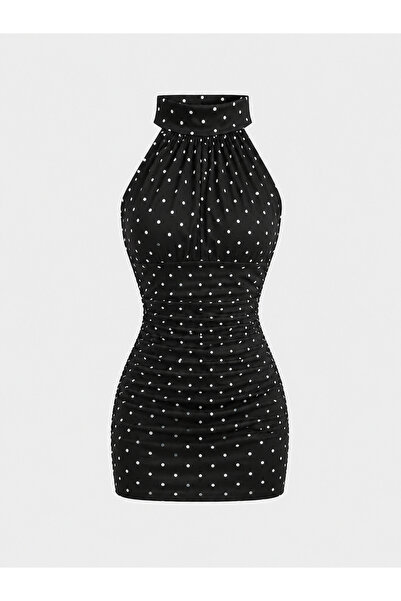 WEEST MODA Black Dress with Polka Dots Halter Neck Gathered Stylish