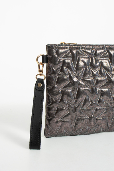 LUNABLU Star Embroidered Portfolio Handbag with Chain and Wrist Strap, Satin Lined Clutch Bag