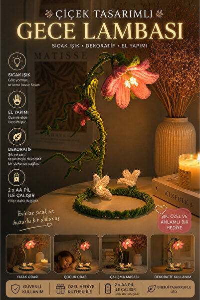 Last Summer Design El Yapımı Çiçek Tasarımlı Gece Lambası – 2x AA Pil ile Çal...