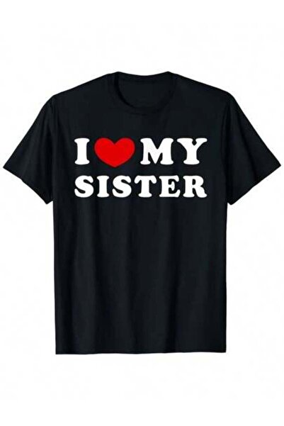 9TAY تي شيرت Love I Heart My Sister أسود صغير الحجم برقبة دائرية للجنسين، تي ...