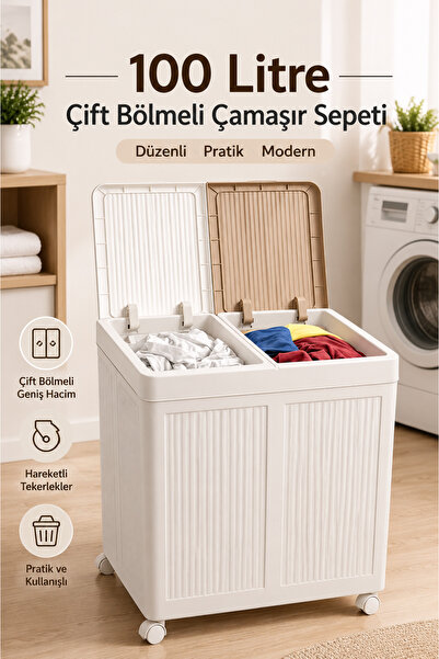 Becklume 100 Litre İki Bölmeli Banyo Çamaşır Sepeti - Kirli Sepeti | Çift Hazneli 100 Litre Bej Tekerlekli Kirli Sepeti