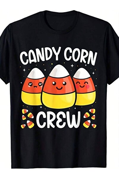 KYMC07 تي شيرت كرو بتصميم عتيق بنقوش حلوى ووجوه مبتسمة بعبارة "Candy Corn Cre...