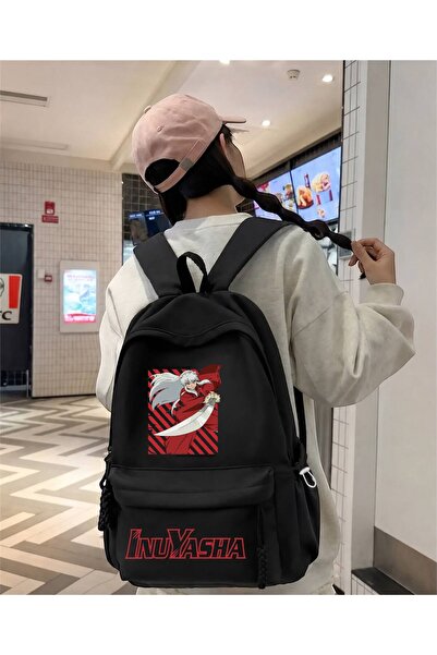 Minga London Rucsac negru cu imprimeu anime Inuyasha pentru școală, birou și ...