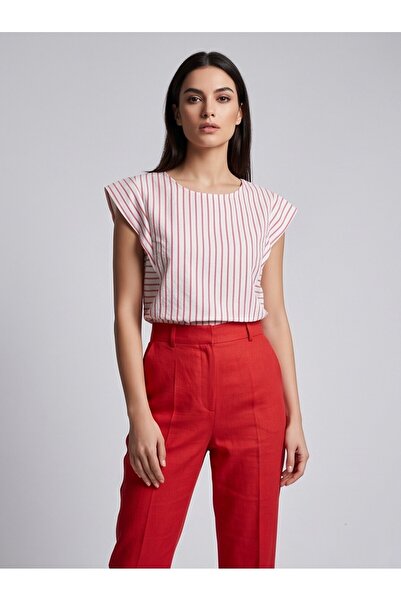 Herry Women's Red Striped Linen Look Woven Blouse with Back Detail