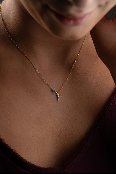 beonejewelry 925 Ayar Gümüş Kişiye Özel Nazar Taş Detaylı Taşlı Harf Kolye