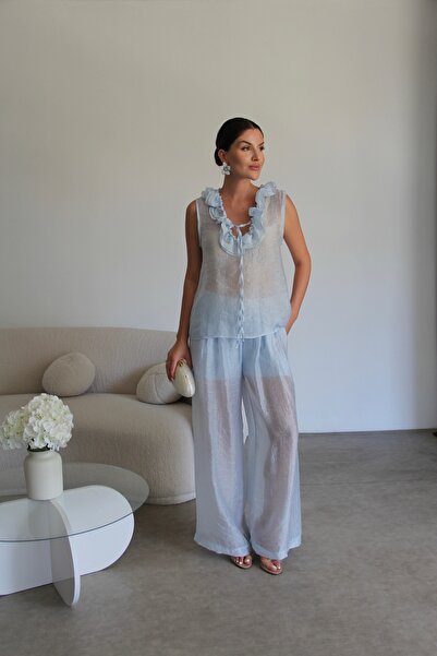 Julidress Bluză cu guler cu volane și pantaloni căptușiți - set top și pantaloni