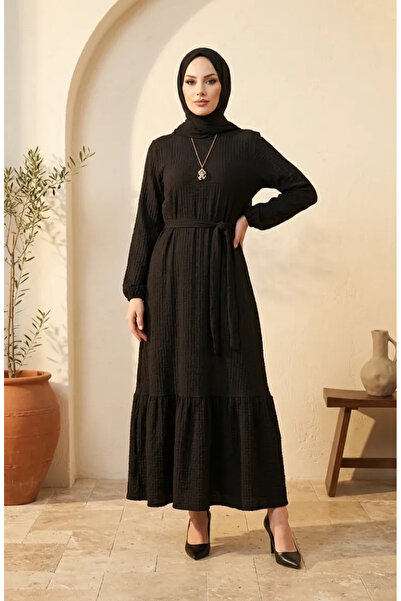 sefamerve Bubble Fabric Necklace Detailed Belted Hijab Dress 0575-01 Black