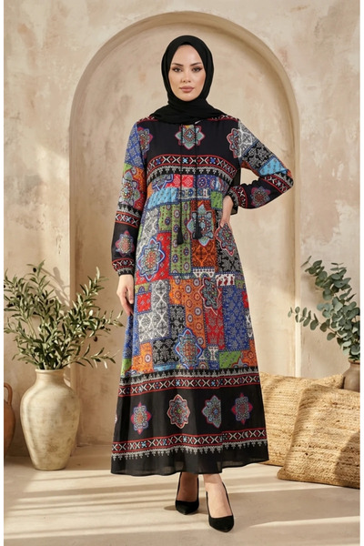 sefamerve Viscose Fabric Patterned Hijab Dress 5592-01 Navy Blue
