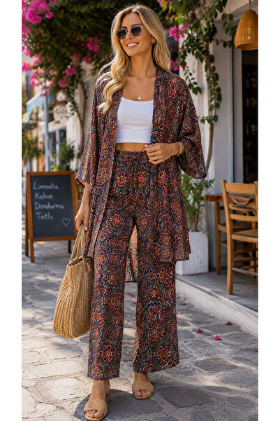 forte bella Trend Etnik Desen Dokuma Viskon Kuşaklı Kimono