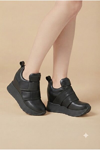 Leyna Women's Velcro Black Hidden Wedge Sole Sneakers