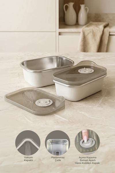 NESS HOME 2'li Stainless Paslanmaz Çelik Vakumlu Saklama Kabı,Fırın ve Kek Ka...