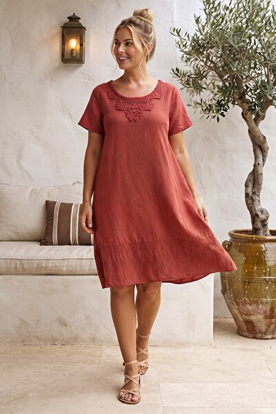Chiccy Brick Red Lace Collar Short Sleeve Lined Skirt Embroidered Casual Cott...