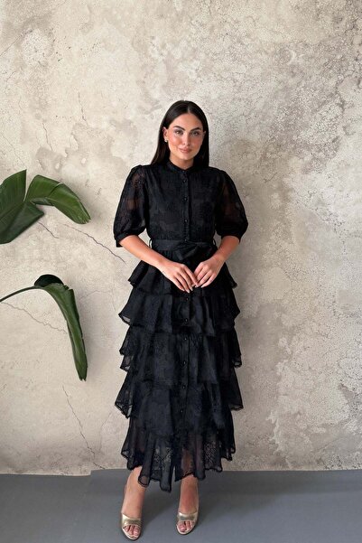 Elbee Fashion Woman Μαύρο φόρεμα με σχέδια σε στρώσεις