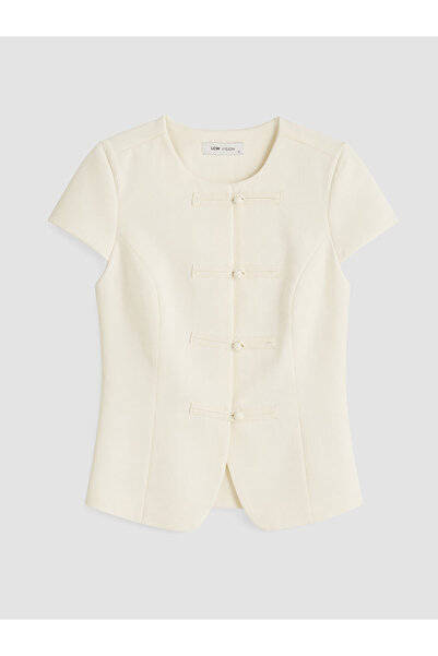 LC Waikiki White Crew Neck Blouse with Decorative Buttons