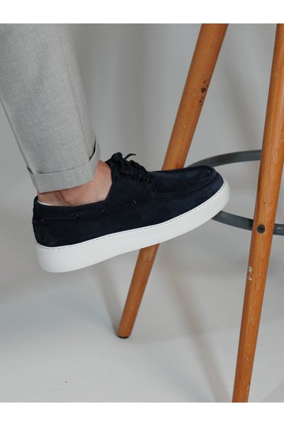 TETRİ Adel Model Genuine Leather Handmade Navy Blue Suede Casual Shoes
