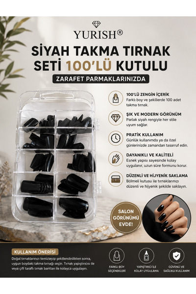 YURISH Siyah Takma Tırnak Seti 100'lü Kutulu
