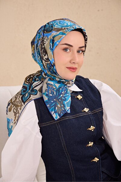 Silk Home Twill Silk Scarf Art Pattern Petrol Blue 90X90