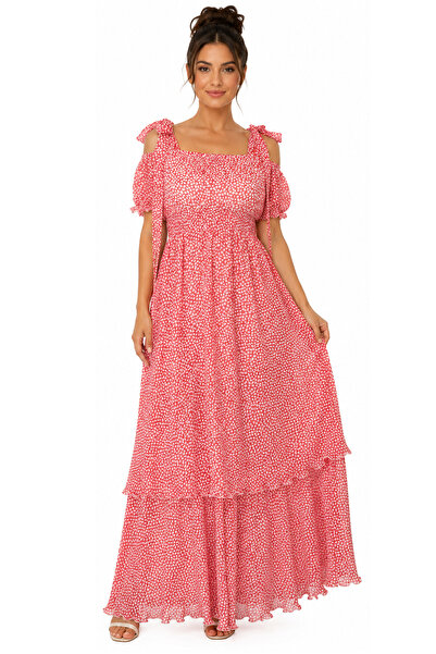 Atelier Anca Socolovschi Rochie lungă vaporoasă din voal rosu cu imprimeu ini...