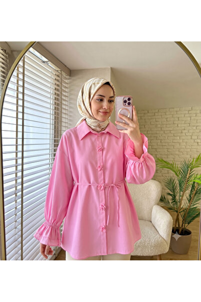 in MOOD Kadın Pembe Gül Detaylı Belden Bağlamalı Fırfır Kollu Tunik Gömlek