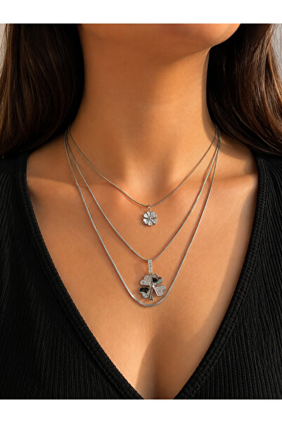 Bymiel Women's 3-Piece Clover Figured Steel Necklace Set - Silver Color