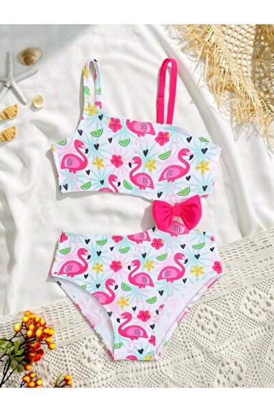 OEM costum de baie intreg fete, imprimeu flamingo si fundita roz, 7 ani, 122 cm