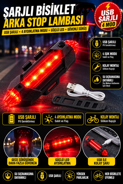 Hane Dostu Şarjlı Bisiklet Arka Stop Lambası USB Şarjlı 4 Modlu LED Uyarı İka...