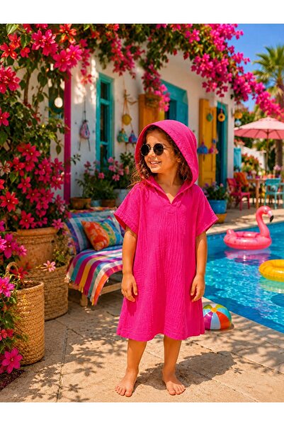 Kuzucuk Kids Bebek Çocuk Butik 2/8 Yaş Çocuk Kapüşonlu Panço Havlusu Fuşya