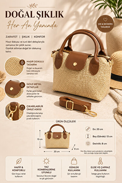 Arenmc store Women's Straw Leather Handle Small Size Hand and Shoulder Bag Wi...