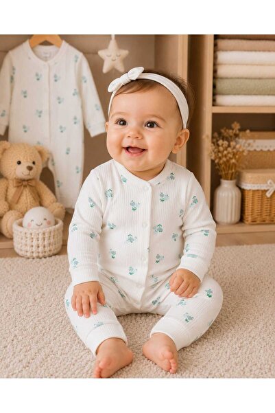 krm kerem bebe 100% Cotton Premium Ribbed Cotton Floral Patterned Baby Girl S...