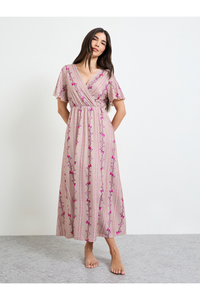 Styli Linear Floral Print Wrap Over Nightdress