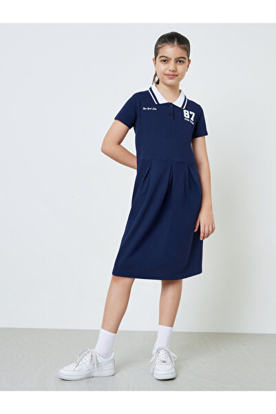 Styli Teen Girls Navy Blue Cotton Polo T-Shirt Dress