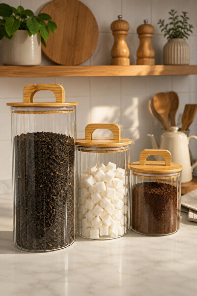 Fhilli Aria - Set of 3 Borosilicate Jars with Bamboo Lids 1300- 900 -600 ml S...