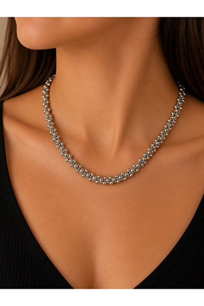 Bymiel Women's Silver Color Multi-Row Bead Choker Necklace