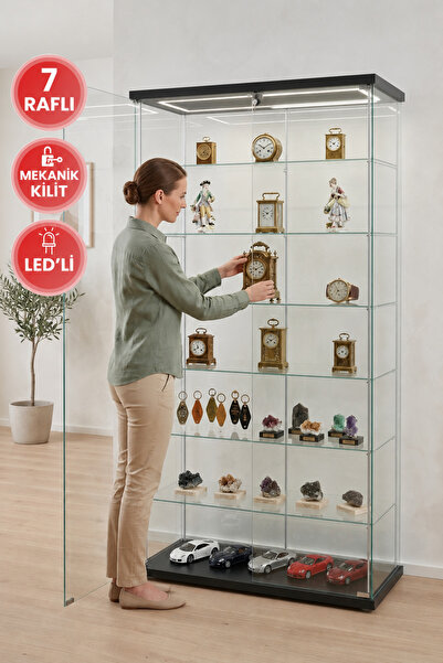 artinoks Siyah Çift Kapaklı 7 Raflı Kilitli Ledli Camlı Koleksiyon Vitrini Do...