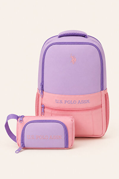 U.S. Polo Assn. حقيبة ظهر مدرسية للبنات مع حامل أقلام باللون الأرجواني والورد...