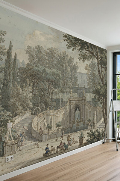 dreamwall Klasik Bahçe ve Tarihi Çeşme Manzaralı Vintage Tek Parça Tekstil Du...