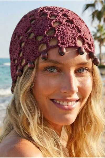 Uniquetrenders Women's Natural Wooden Beaded Knitted Beanie Mesh Textured Boh...