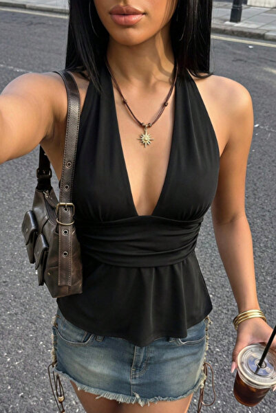 Tarz Cool Women's Black Deep V-Neck Strappy Single Jersey 100% Cotton Basic B...