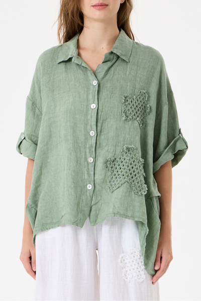 della moor Women's Khaki Italian 100% Linen Low Sleeve Oversize Linen Shirt S...