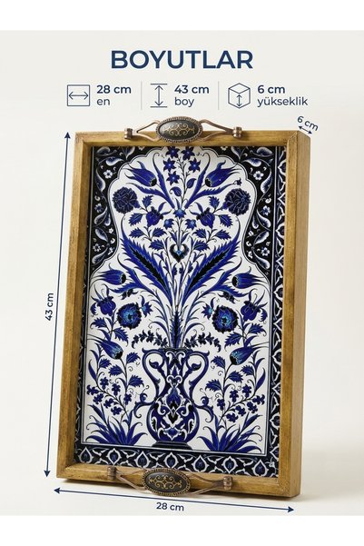 ANKAMOR Handmade Kütahya Tile Patterned Wooden Tray, Navy Blue and White Decorative Tea and Coffee Serving Tray 48*23*6
