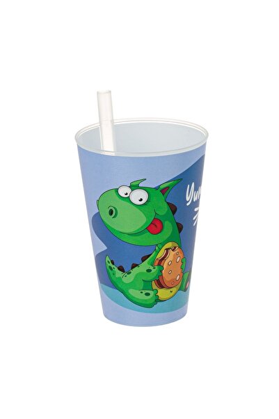 OEM Pahar copii, model dinozaur, pai, albastru, 400ml – băut ușor și sigur pe...