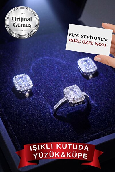CARAT STONE IŞIKLI SET KUTUSUNDA 925 AYAR GERÇEK GÜMÜŞ YÜZÜK,KÜPE SET