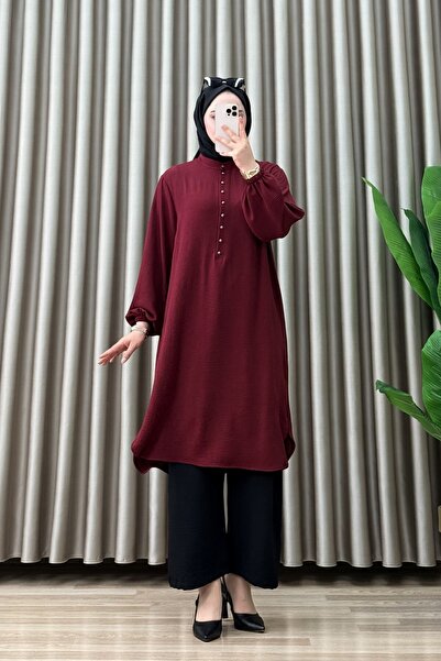ALYA SAADET TUNİK Ayrobin Kumaş Kadın Bordo Yaka Açılabilir Düğmeli Kolları L...