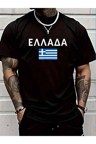 LİNA06 قميص صيفي يوناني 100% قطن، تي شيرت أسود للرجال بتصميم علم اليونان، هدي...