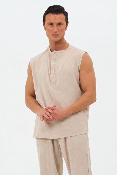 RELAXL Battal Size Men's Muslin Sleeveless Beige Shirt 100% Cotton Oversize